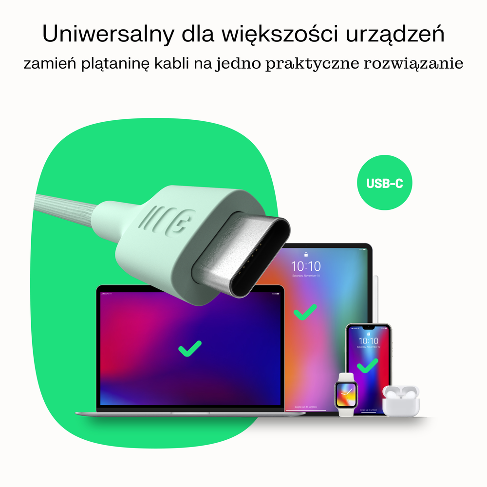 Green Cell Žalias Cell USB-C laidas 2m 100W Greencell PowerStream greito įkrovimo PD Mint Žalias