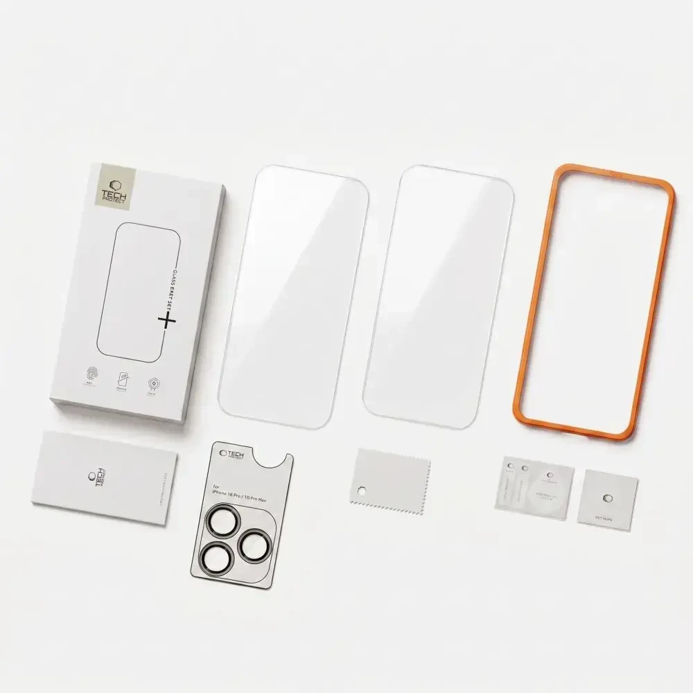 Tech-Protect Easy Set+ 2 vnt. Grūdintas stiklas ekranui ir grūdintas stiklas objektyvui, skirtas iPhone 18 Pro