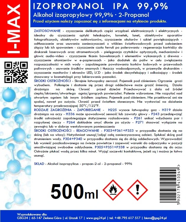 Gsg24 Izopropilo alkoholis Izopropanolis IPA I-MAX 99,9% Purškiklis 500ML