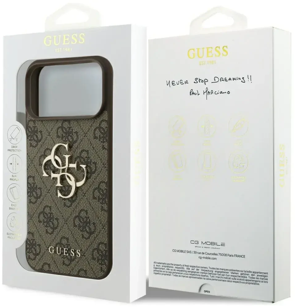 Guess 4G didelio logotipo dėklas iPhone 17 Pro Max rudas