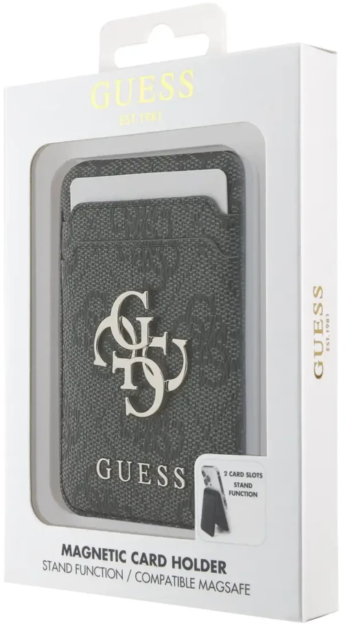 Dėklas Guess 4G Metal Logo MagSafe Cardslot Stand juodos spalvos