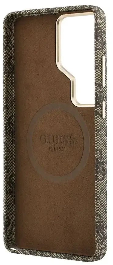 „Guess 4G Script Metal Logo“ telefono dėklas su „MagSafe“ palaikymu, skirtas „Samsung Galaxy S26 Ultra“ (S948), rudas