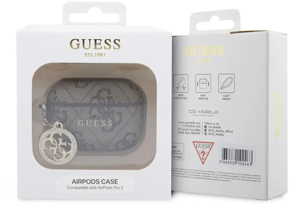 Guess 4G Script PC/PU Charm dėklas skirtas AirPods Pro 2 rudos spalvos