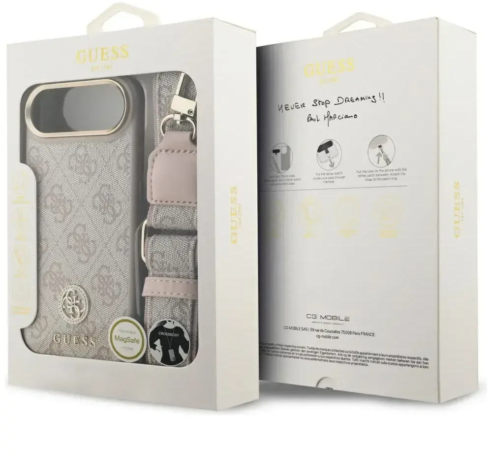Guess 4G „Strass Logo & Big Strap“ telefono dėklas su MagSafe palaikymu, skirtas iPhone 17 Air, rožinis