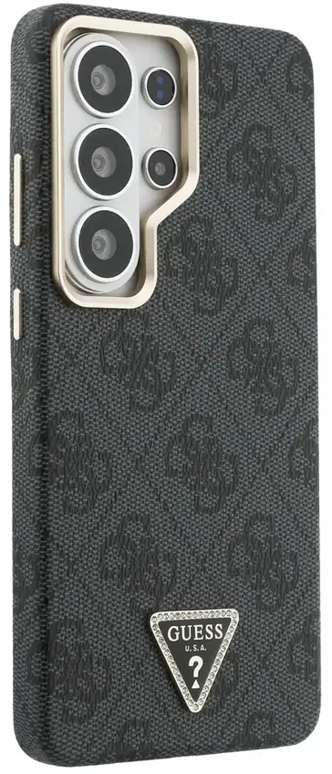 Guess 4G Strass Triangle Logo Gold Frame telefono dėklas, skirtas Samsung Galaxy S26 Ultra (S948) juodas