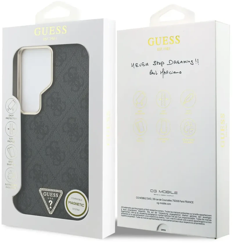 Guess 4G Strass Triangle Logo Gold Frame telefono dėklas, skirtas Samsung Galaxy S26 Ultra (S948) juodas