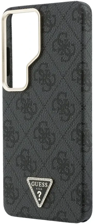 Guess 4G Strass Triangle Logo Gold Frame telefono dėklas, skirtas Samsung Galaxy S26 Ultra (S948) juodas