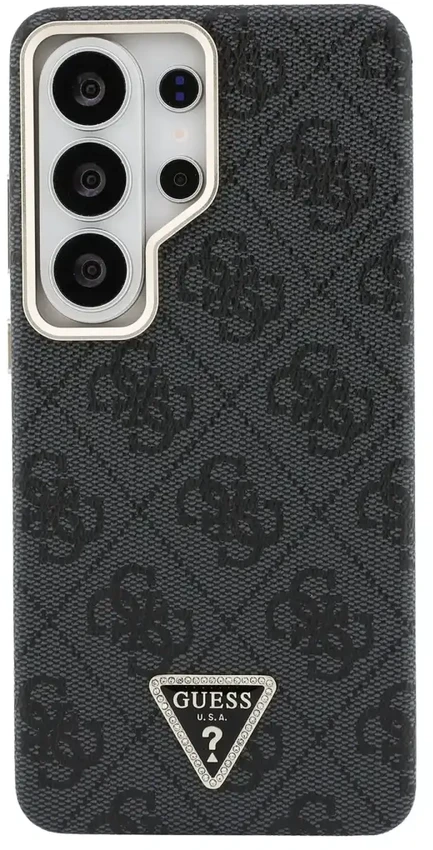 Guess 4G Strass Triangle Logo Gold Frame telefono dėklas, skirtas Samsung Galaxy S26 Ultra (S948) juodas