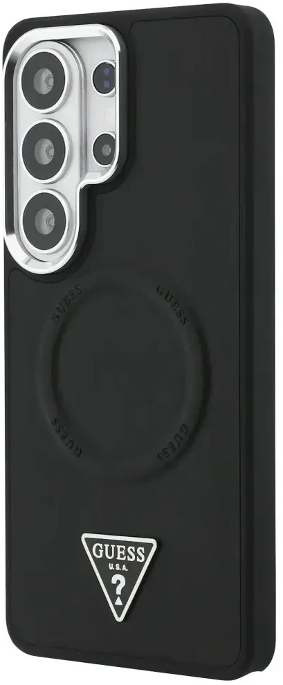 Dėklas Guess Embossed Ring Triangle Logo MagSafe Samsung Galaxy S26 Ultra juodos spalvos