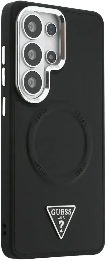 Dėklas Guess Embossed Ring Triangle Logo MagSafe Samsung Galaxy S26 Ultra juodos spalvos