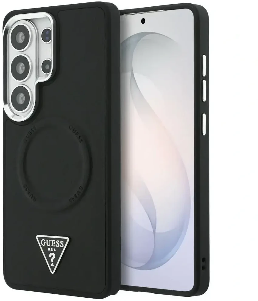 Dėklas Guess Embossed Ring Triangle Logo MagSafe Samsung Galaxy S26 Ultra juodos spalvos