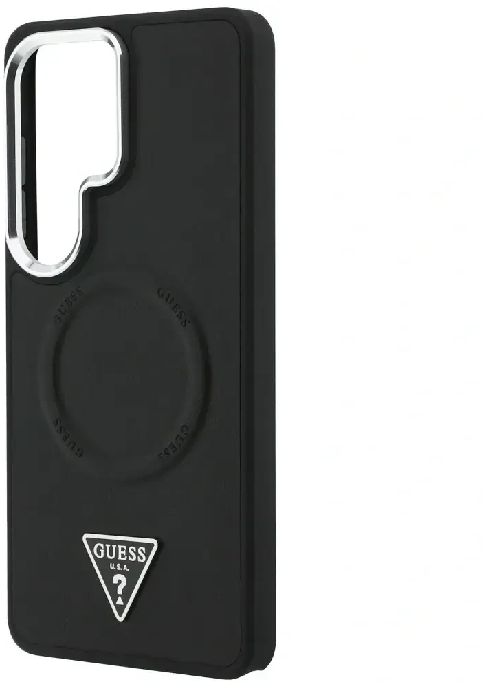 Dėklas Guess Embossed Ring Triangle Logo MagSafe Samsung Galaxy S26 Ultra juodos spalvos