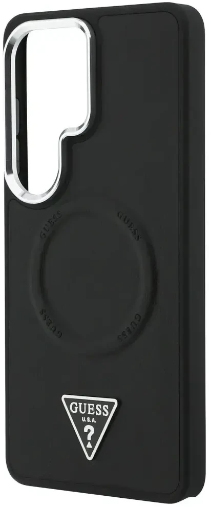 Dėklas Guess Embossed Ring Triangle Logo MagSafe Samsung Galaxy S26 Ultra juodos spalvos