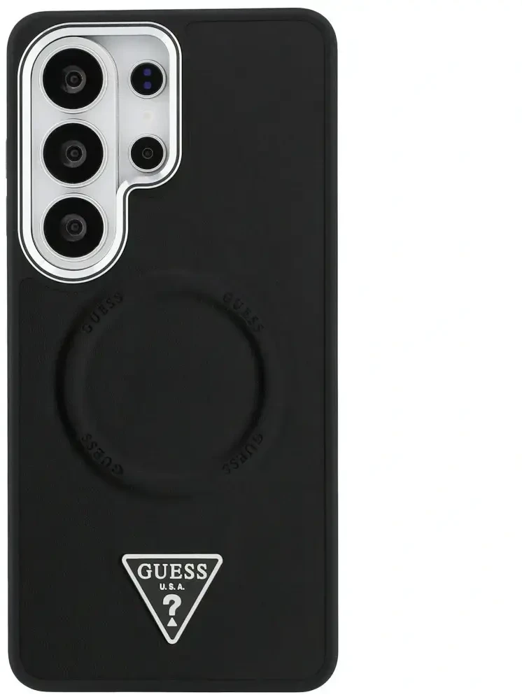 Dėklas Guess Embossed Ring Triangle Logo MagSafe Samsung Galaxy S26 Ultra juodos spalvos