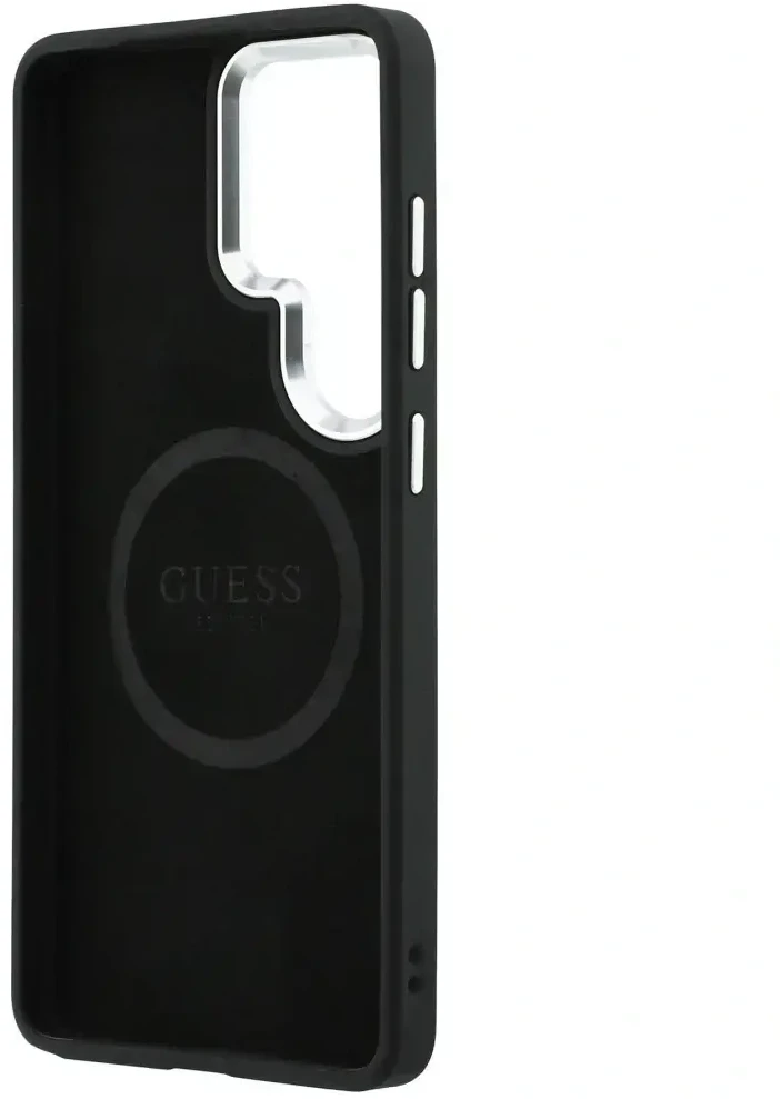 Dėklas Guess Embossed Ring Triangle Logo MagSafe Samsung Galaxy S26 Ultra juodos spalvos