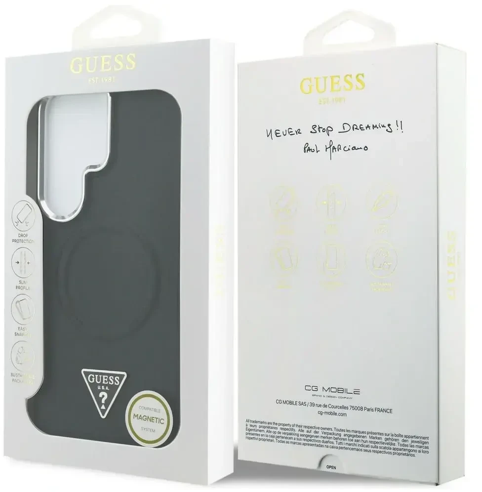 Dėklas Guess Embossed Ring Triangle Logo MagSafe Samsung Galaxy S26 Ultra juodos spalvos