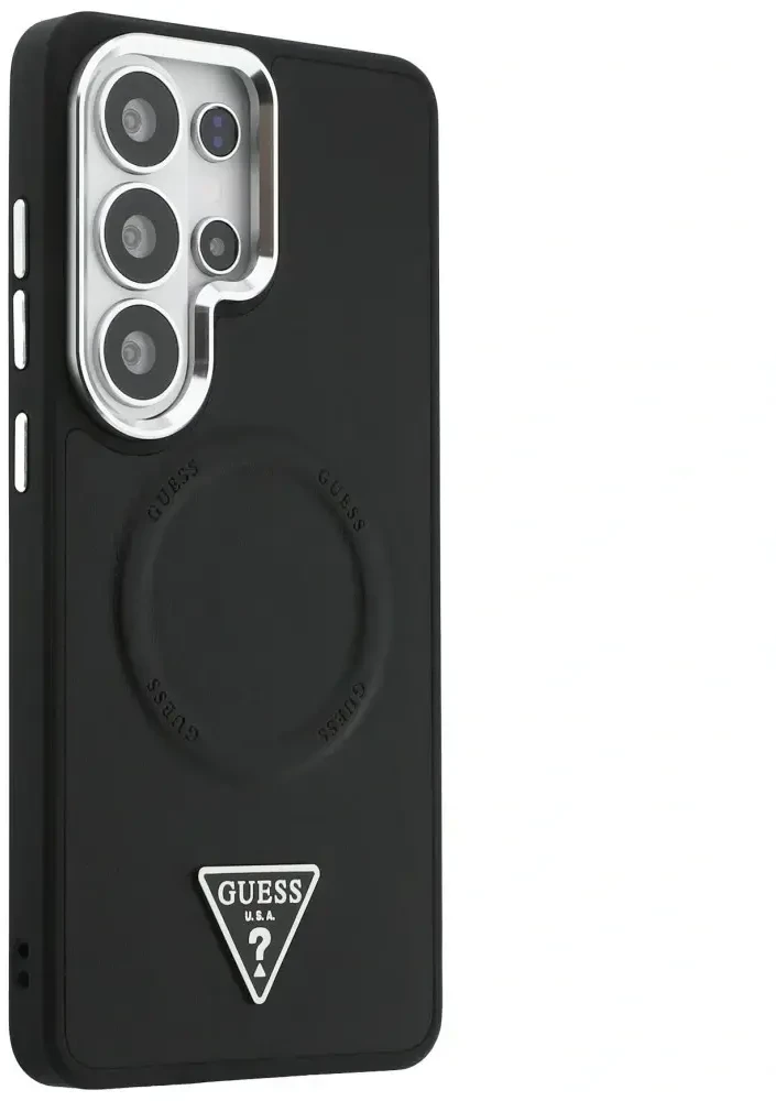 Dėklas Guess Embossed Ring Triangle Logo MagSafe Samsung Galaxy S26 Ultra juodos spalvos