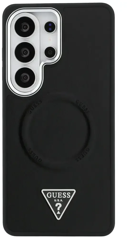 Dėklas Guess Embossed Ring Triangle Logo MagSafe Samsung Galaxy S26 Ultra juodos spalvos
