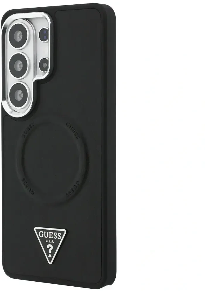 Dėklas Guess Embossed Ring Triangle Logo MagSafe Samsung Galaxy S26 Ultra juodos spalvos