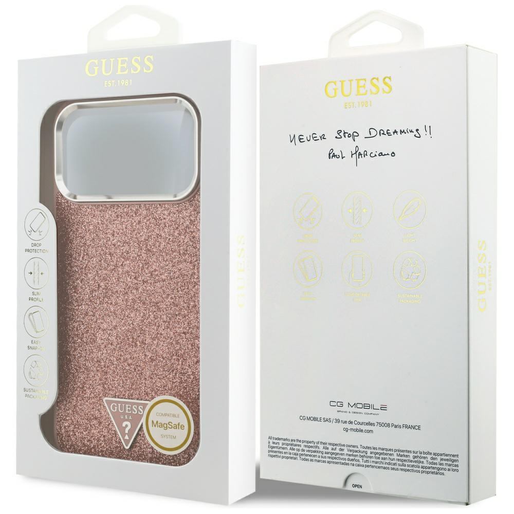 „Guess“ blizgantis trikampio formos logotipo „MagSafe“ dėklas, skirtas „iPhone 17 Pro Max“ - Rožinė