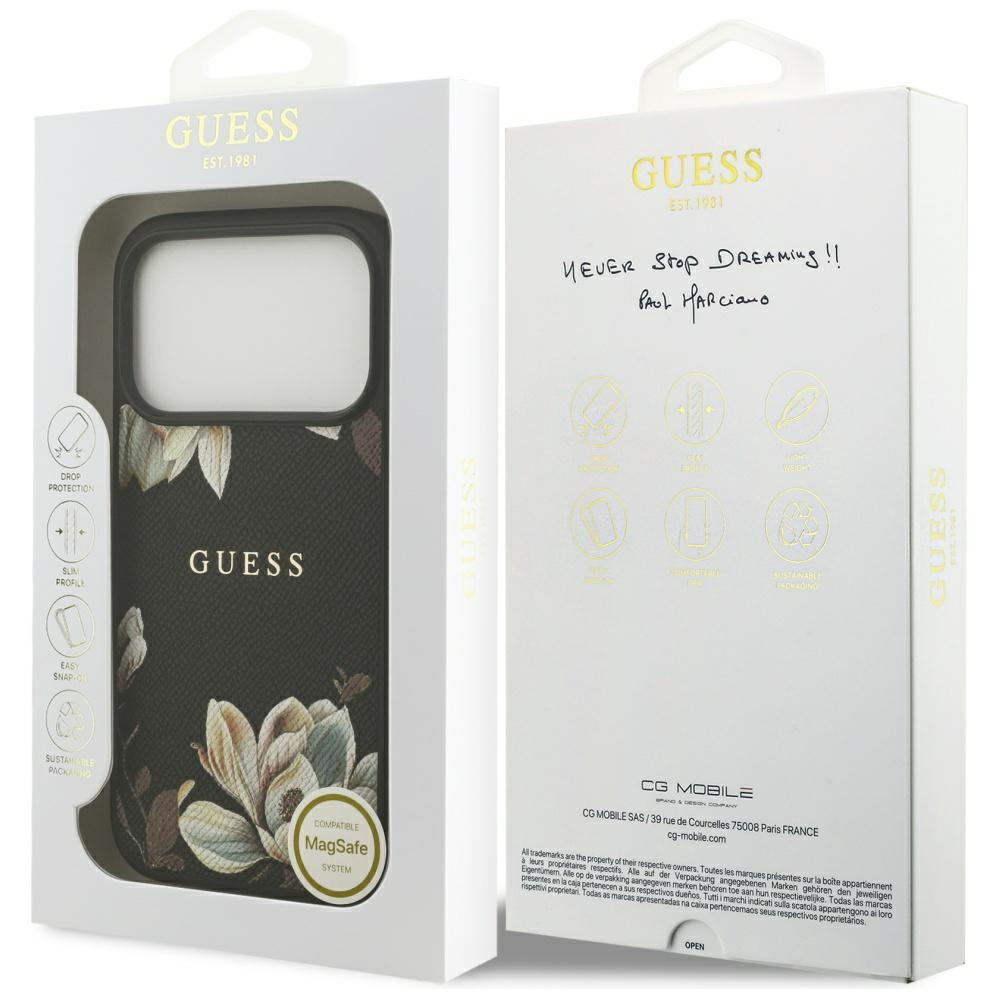 Guess Grained Flowers Classic Logo MagSafe dėklas skirtas Apple iPhone 17 Pro juodos spalvos