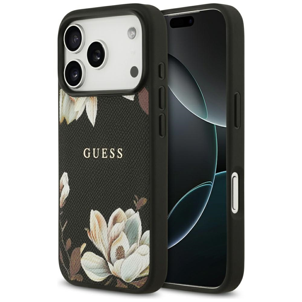Guess Grained Flowers Classic Logo MagSafe dėklas skirtas Apple iPhone 17 Pro juodos spalvos