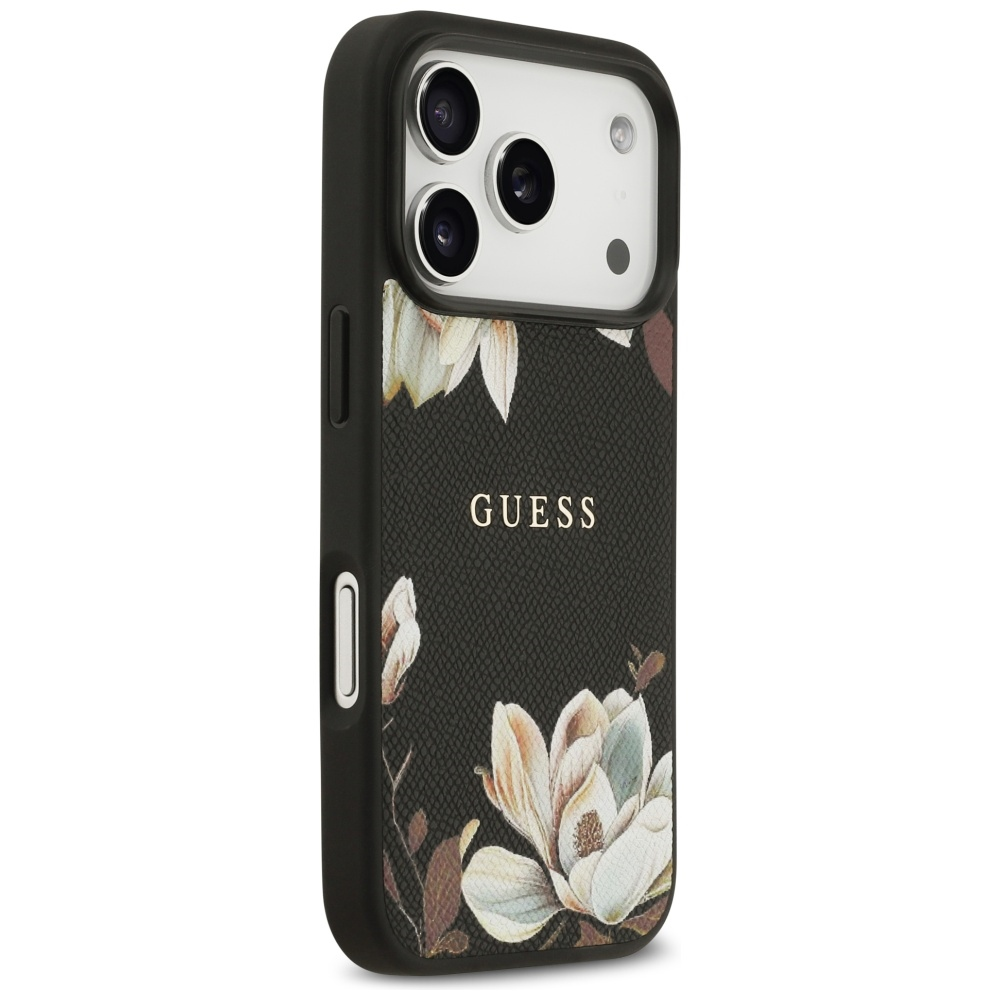 Guess Grained Flowers Classic Logo MagSafe dėklas skirtas Apple iPhone 17 Pro juodos spalvos
