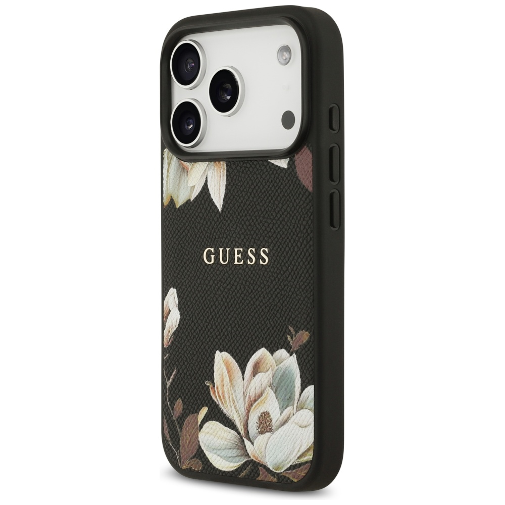 Guess Grained Flowers Classic Logo MagSafe dėklas skirtas Apple iPhone 17 Pro juodos spalvos