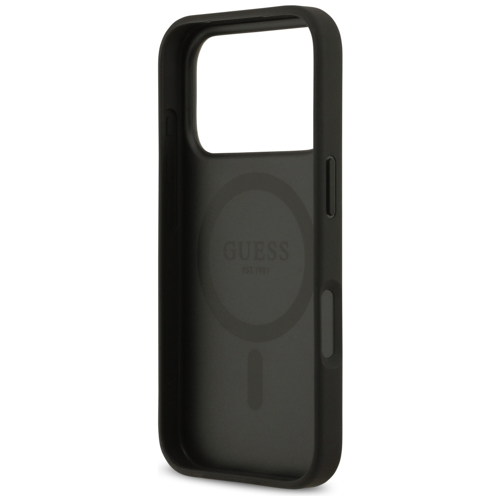 Guess Grained Flowers Classic Logo MagSafe dėklas skirtas Apple iPhone 17 Pro juodos spalvos