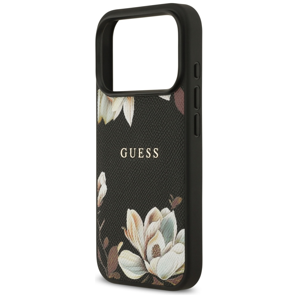 Guess Grained Flowers Classic Logo MagSafe dėklas skirtas Apple iPhone 17 Pro juodos spalvos