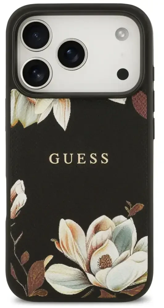 Guess Grūdėtos tekstūros gėlių klasikinis logotipas telefono dėklas su MagSafe palaikymu skirtas iPhone 17 Pro juodas