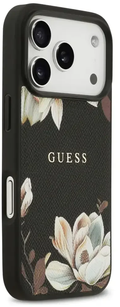 Guess Grūdėtos tekstūros gėlių klasikinis logotipas telefono dėklas su MagSafe palaikymu skirtas iPhone 17 Pro juodas