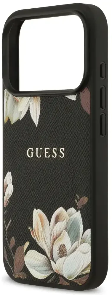 Guess Grūdėtos tekstūros gėlių klasikinis logotipas telefono dėklas su MagSafe palaikymu skirtas iPhone 17 Pro juodas