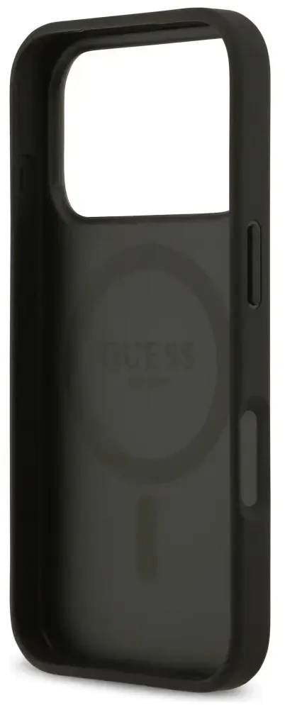 Guess Grūdėtos tekstūros gėlių klasikinis logotipas telefono dėklas su MagSafe palaikymu skirtas iPhone 17 Pro juodas