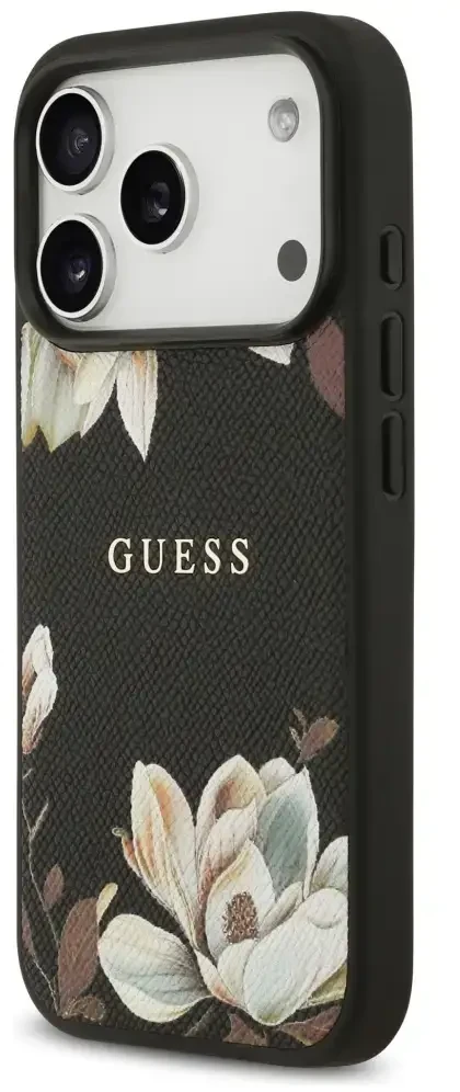 Guess Grūdėtos tekstūros gėlių klasikinis logotipas telefono dėklas su MagSafe palaikymu skirtas iPhone 17 Pro juodas