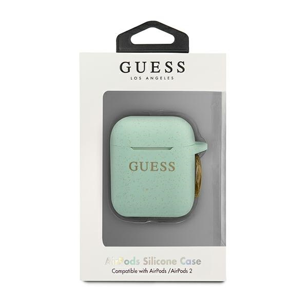 Guess apsauginis dėklas GUACCSILGLGN silikoninis blizgus, skirtas AirPods 1/2 žalias
