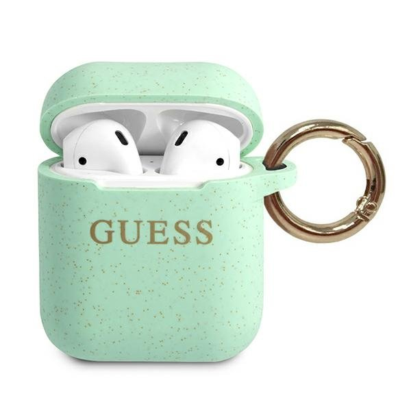 Guess apsauginis dėklas GUACCSILGLGN silikoninis blizgus, skirtas AirPods 1/2 žalias