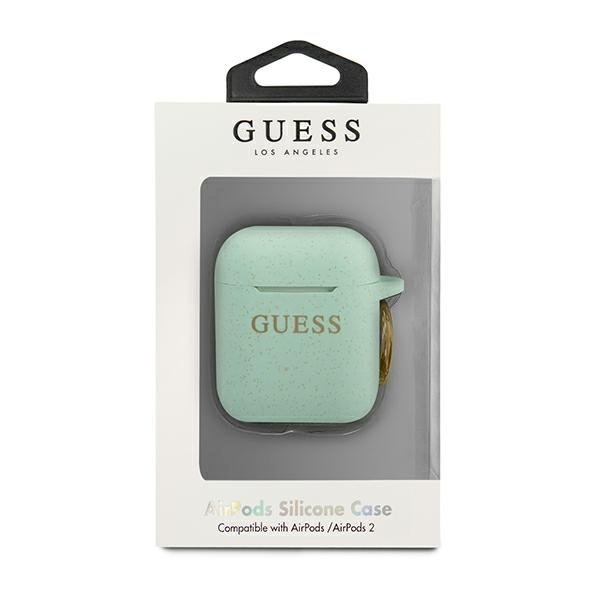 Guess apsauginis dėklas GUACCSILGLGN silikoninis blizgus, skirtas AirPods 1/2 žalias