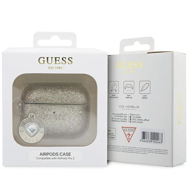Apple AirPods Pro ausinių dėklas 2 Guess Fixed Glitter Heart Diamond Charm (GUAP2PGEHCDD) aukso spalvos