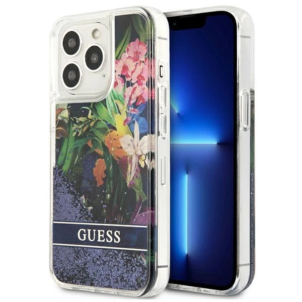 Guess Flower Liquid Glitter dėklas iPhone 13 Pro Max - mėlynas