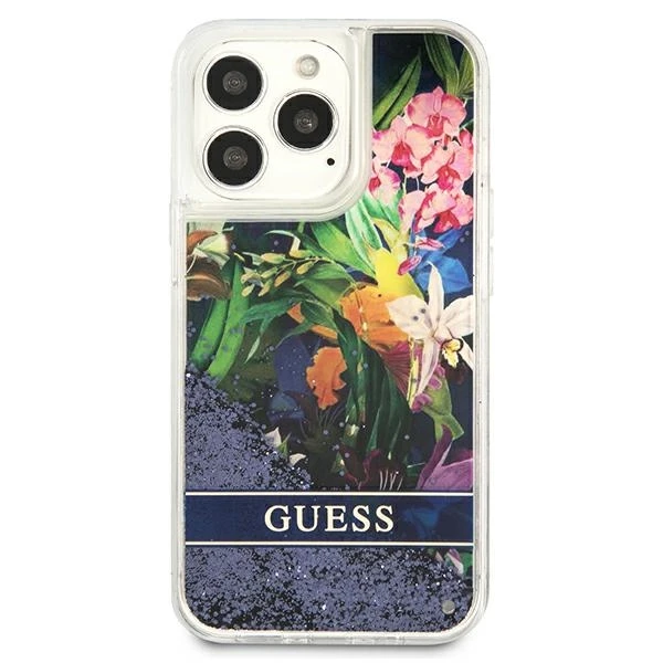 Guess Flower Liquid Glitter dėklas iPhone 13 Pro Max - mėlynas