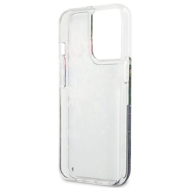 Guess Flower Liquid Glitter dėklas iPhone 13 Pro Max - mėlynas