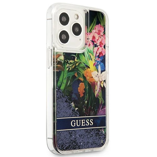 Guess Flower Liquid Glitter dėklas iPhone 13 Pro Max - mėlynas