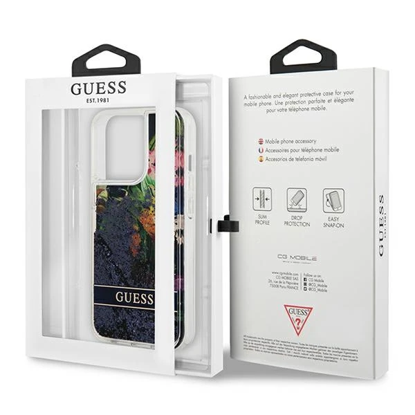 Guess Flower Liquid Glitter dėklas iPhone 13 Pro Max - mėlynas