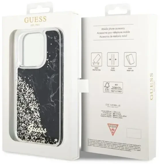 Guess GUHCP14LLCSGSGK Apple iPhone 14 Pro 6.1″ juodos spalvos kietas dėklas Liquid Glitter Marble