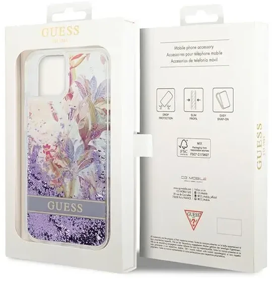 Dėklas GUESS GUHCP14MLFLSU IPHONE 14 PLUS / 15 PLUS 6.7 "PURPLE / PURPLE HARDCASE FLOWER LIQUID GLITTER