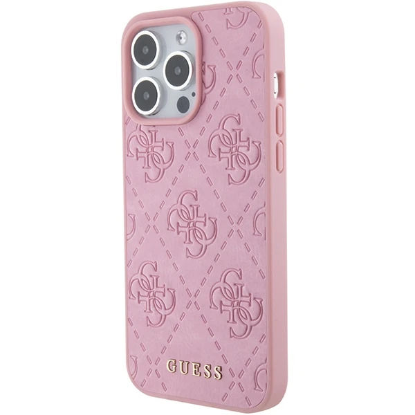Apple iPhone 15 Pro Guess Hardcase Leather 4G Stamped (GUHCP15LP4EPMP) dėklas telefonui rožinės spalvos