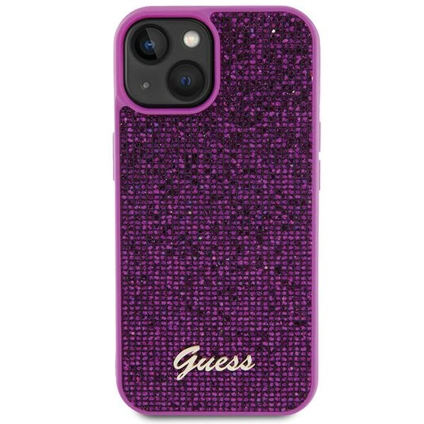 GUESS GUHCP15SPMSDGSF IPHONE 15/14/13 6.1" FUKSJA / FUKSIJOS spalvos kietas dėklas DISCO METAL SCRIPT