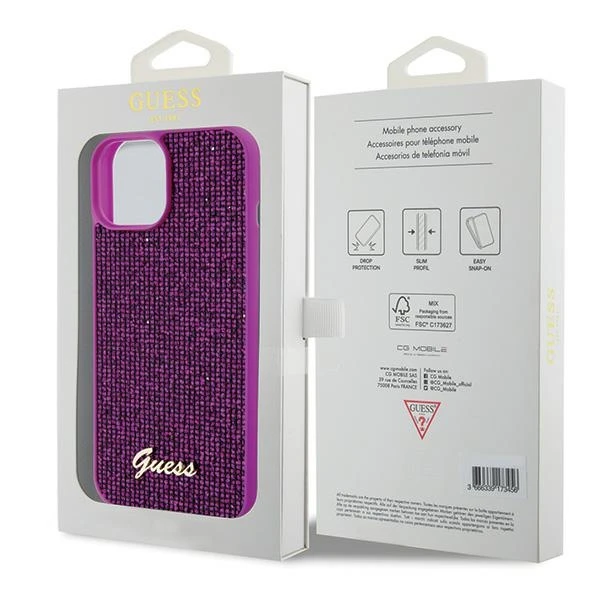 GUESS GUHCP15SPMSDGSF IPHONE 15/14/13 6.1" FUKSJA / FUKSIJOS spalvos kietas dėklas DISCO METAL SCRIPT