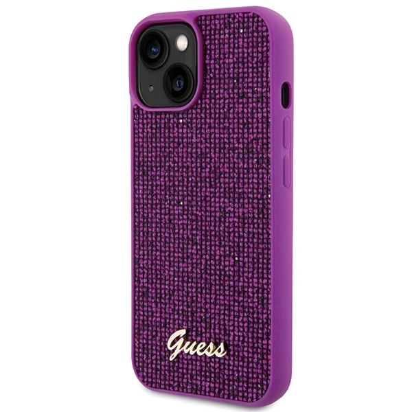 GUESS GUHCP15SPMSDGSF IPHONE 15/14/13 6.1" FUKSJA / FUKSIJOS spalvos kietas dėklas DISCO METAL SCRIPT
